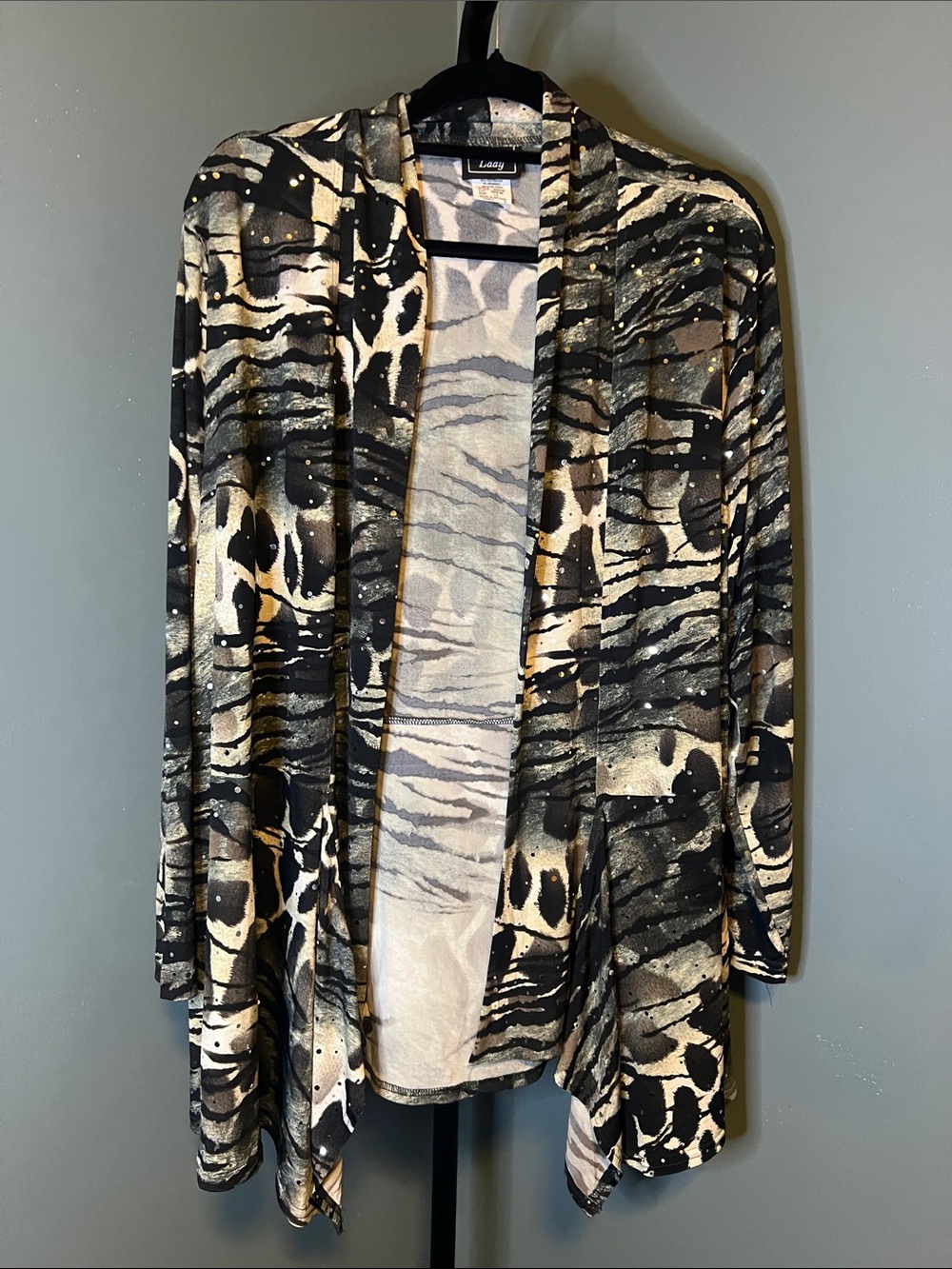 Southern Lady Black Cream Gray Abstract Open-Front Cardigan with sparkles